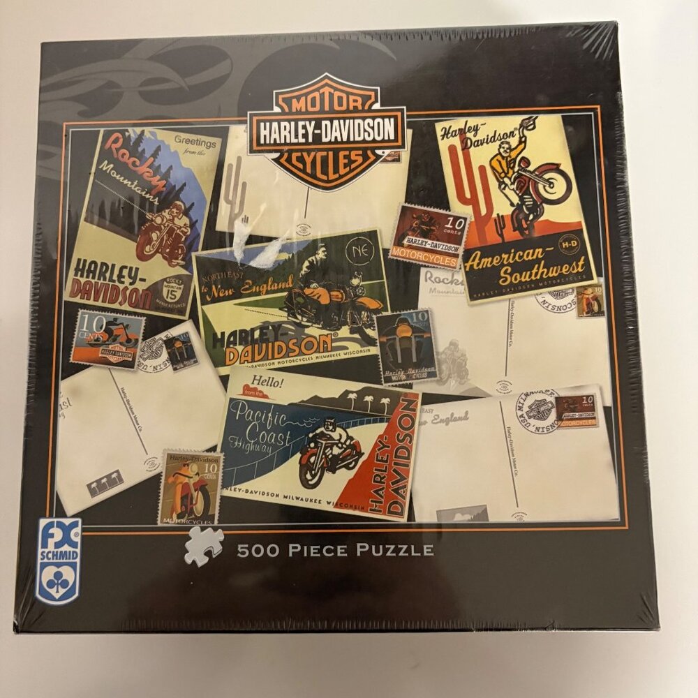 Harley-Davidson 500 Piece Puzzle 24 x 18 Postcard Travel 2004 FX Schmid 81347